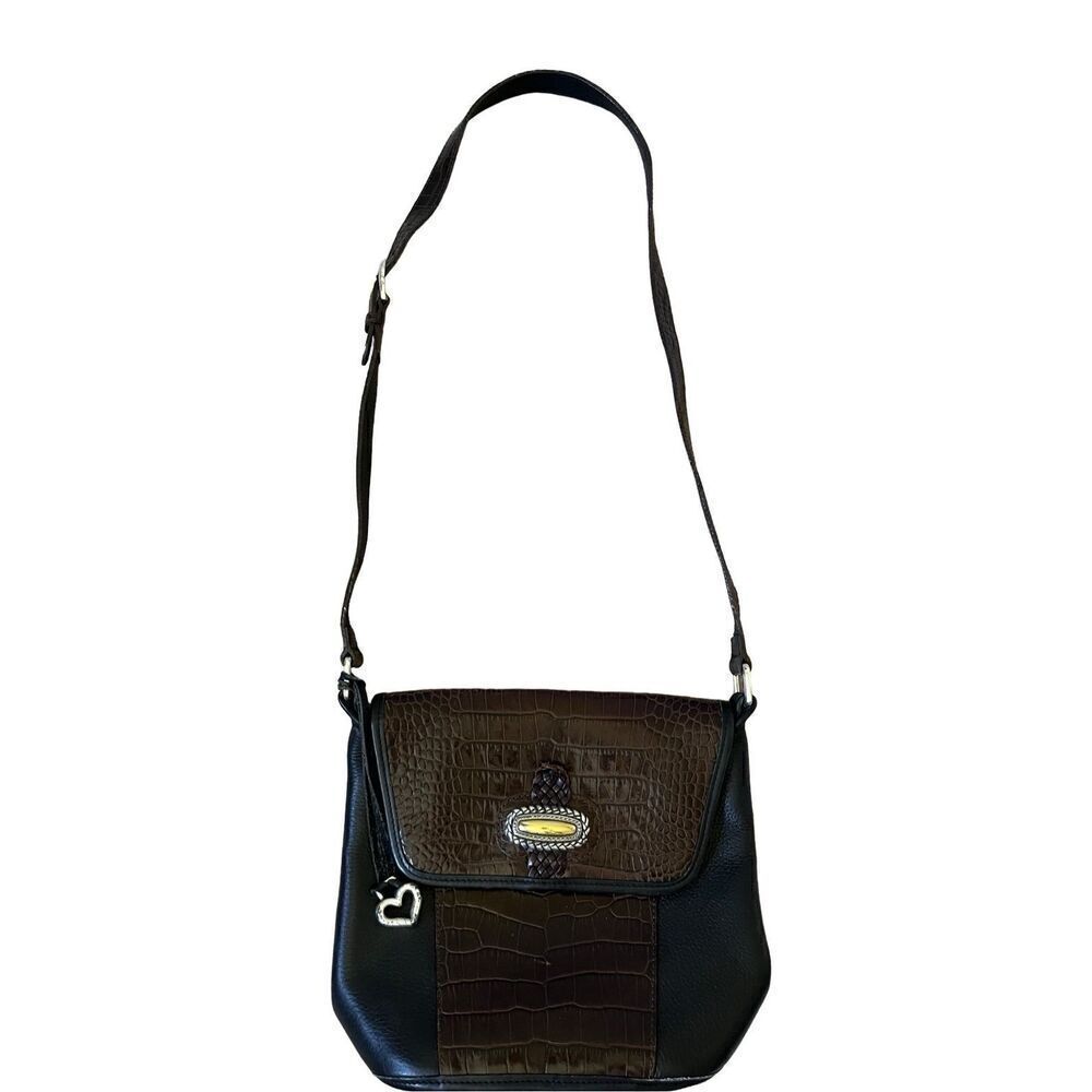 Brighton Brown Black Pebble Leather Croc Medium Crossbody Bucket Shoulder Bag